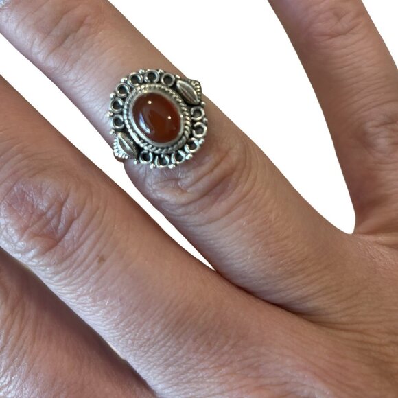 Sterling Silver 925 Carnelian Red/orange Ornate Oval Ring Size 6 Southwest Boho - Picture 2 of 5